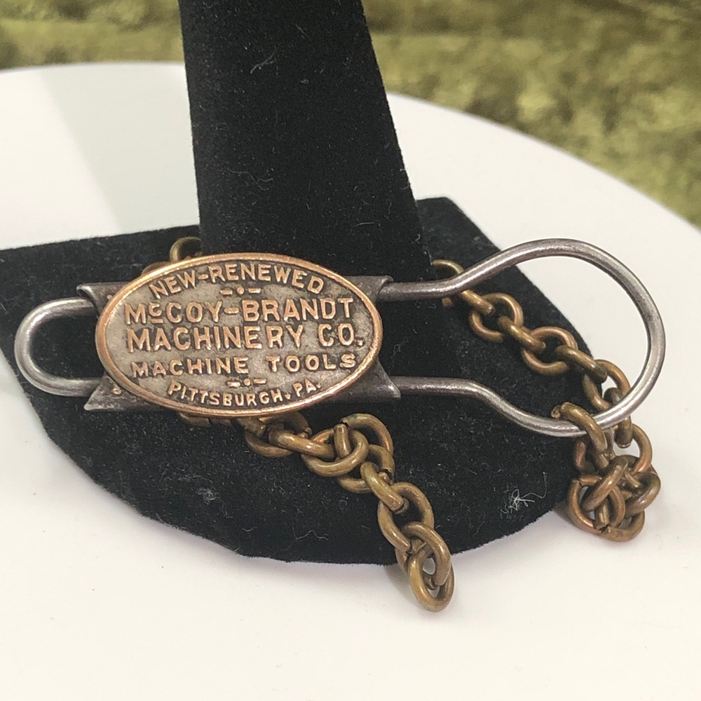 Antique McCoy -Brandt Vintage Machinery Tag Keychain in Brass and Silver Tones